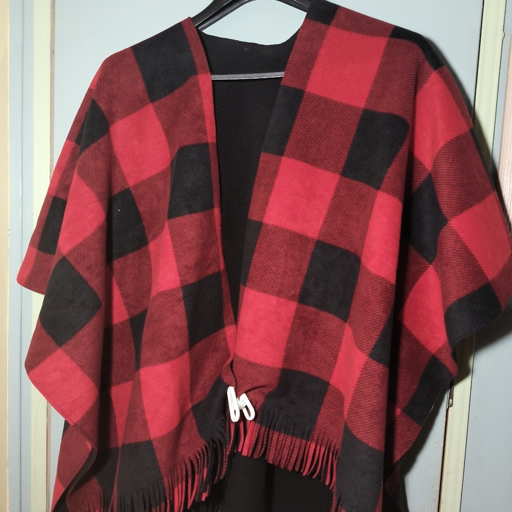 Red and Black Plaid Poncho Shawle